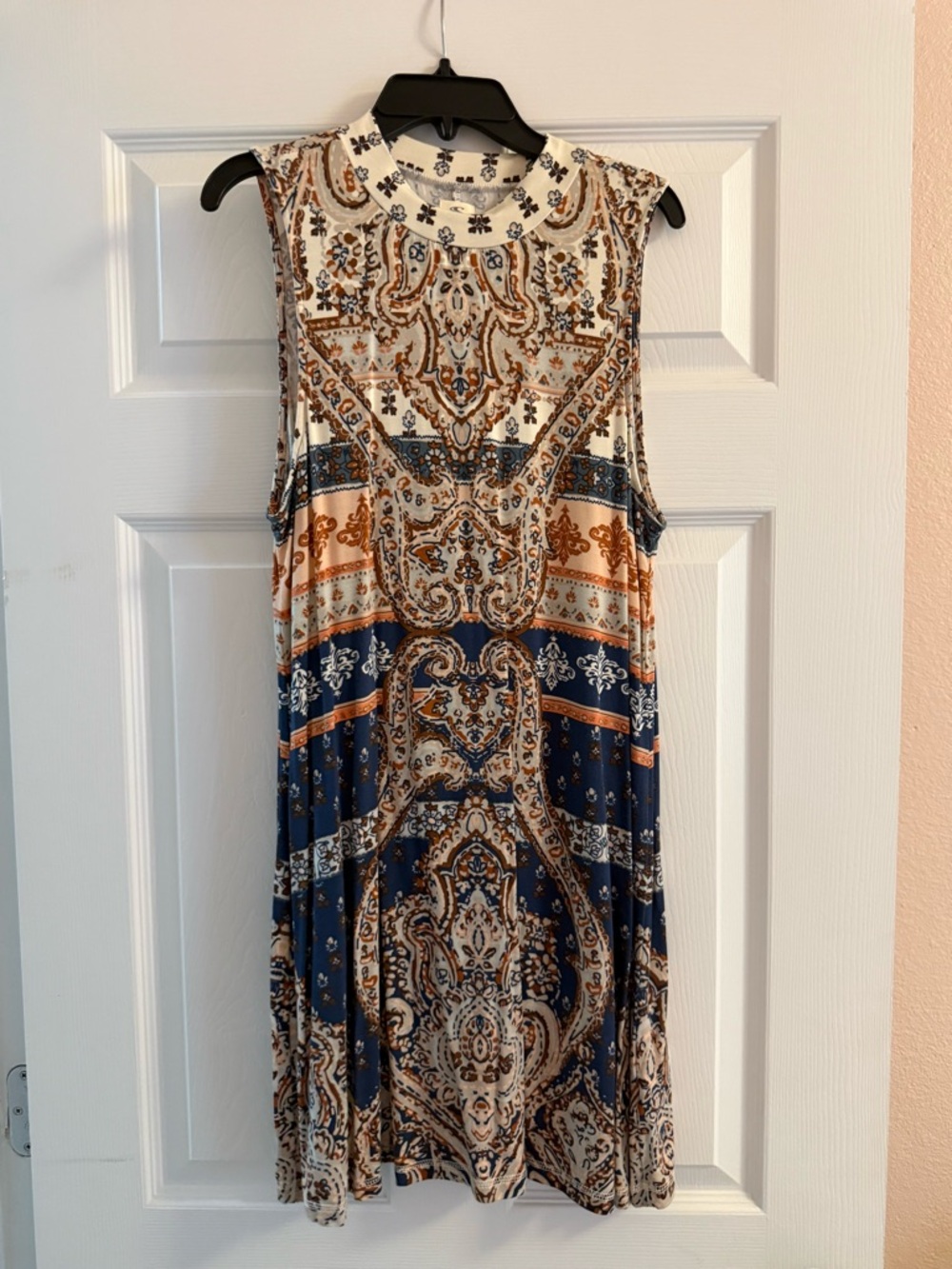 O'Neill Sleeveless Paisley Mini Dress in Blue, Tan and Cream